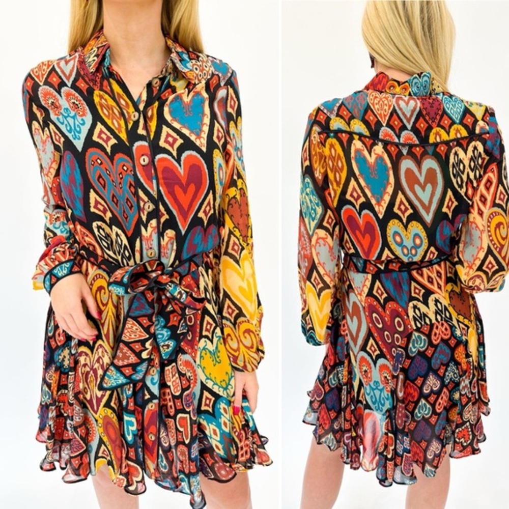 Farm Rio Hearts Ikat Black Mini Dress, size S NWT